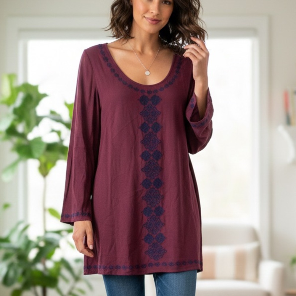 NWT Lovestitch Embroidered Bell Sleeve Boho Burgundy and Navy Tunic Top Size M